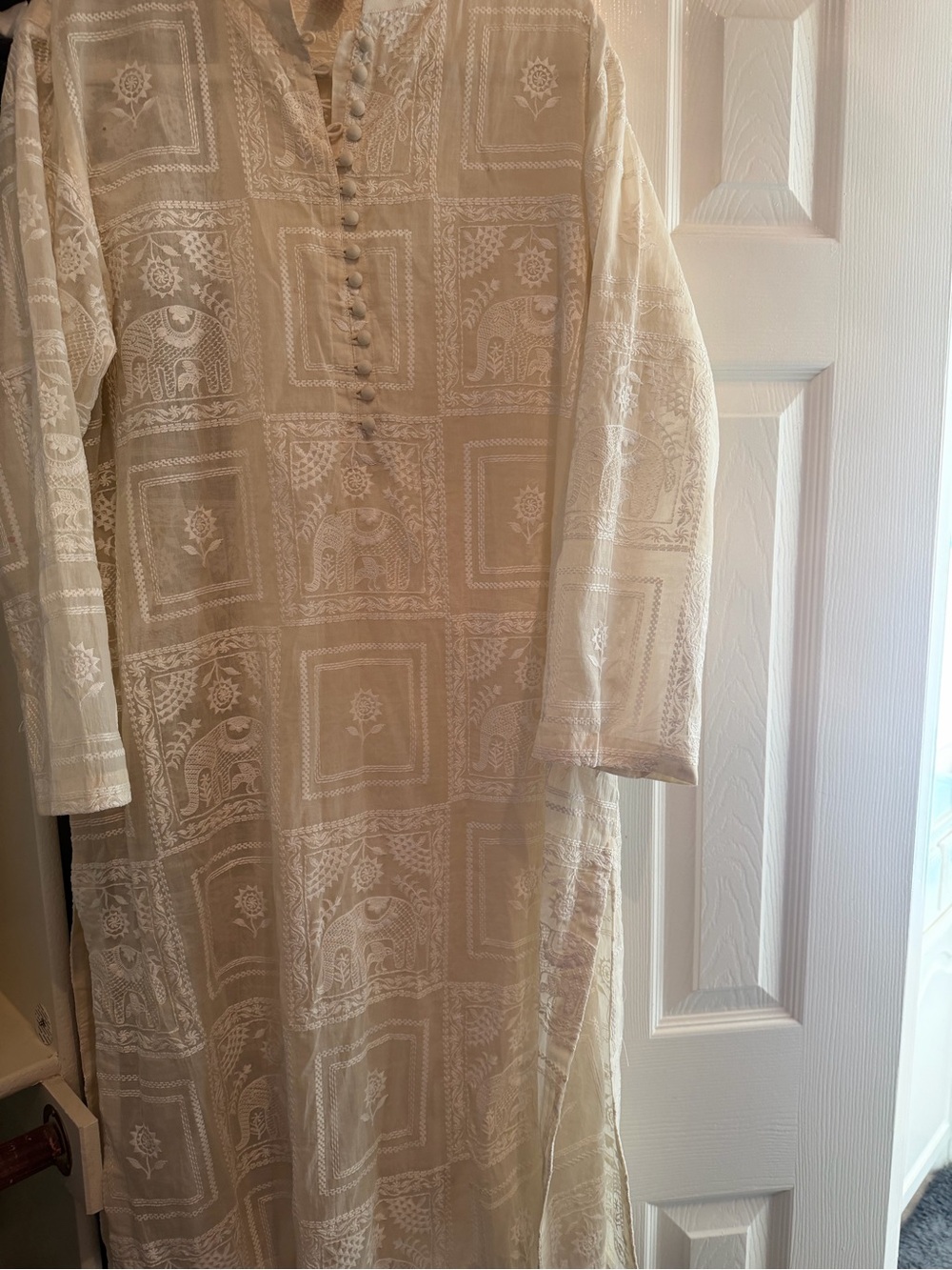 Cream Embroidered Maxi Kurta with Button Placket
